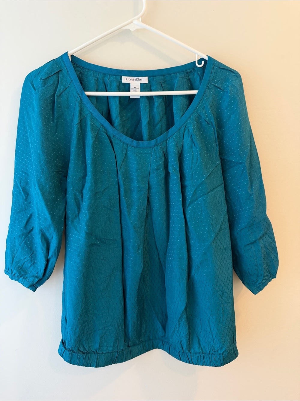 Calvin Klein Teal Peasant Blouse with Subtle Dot Texture